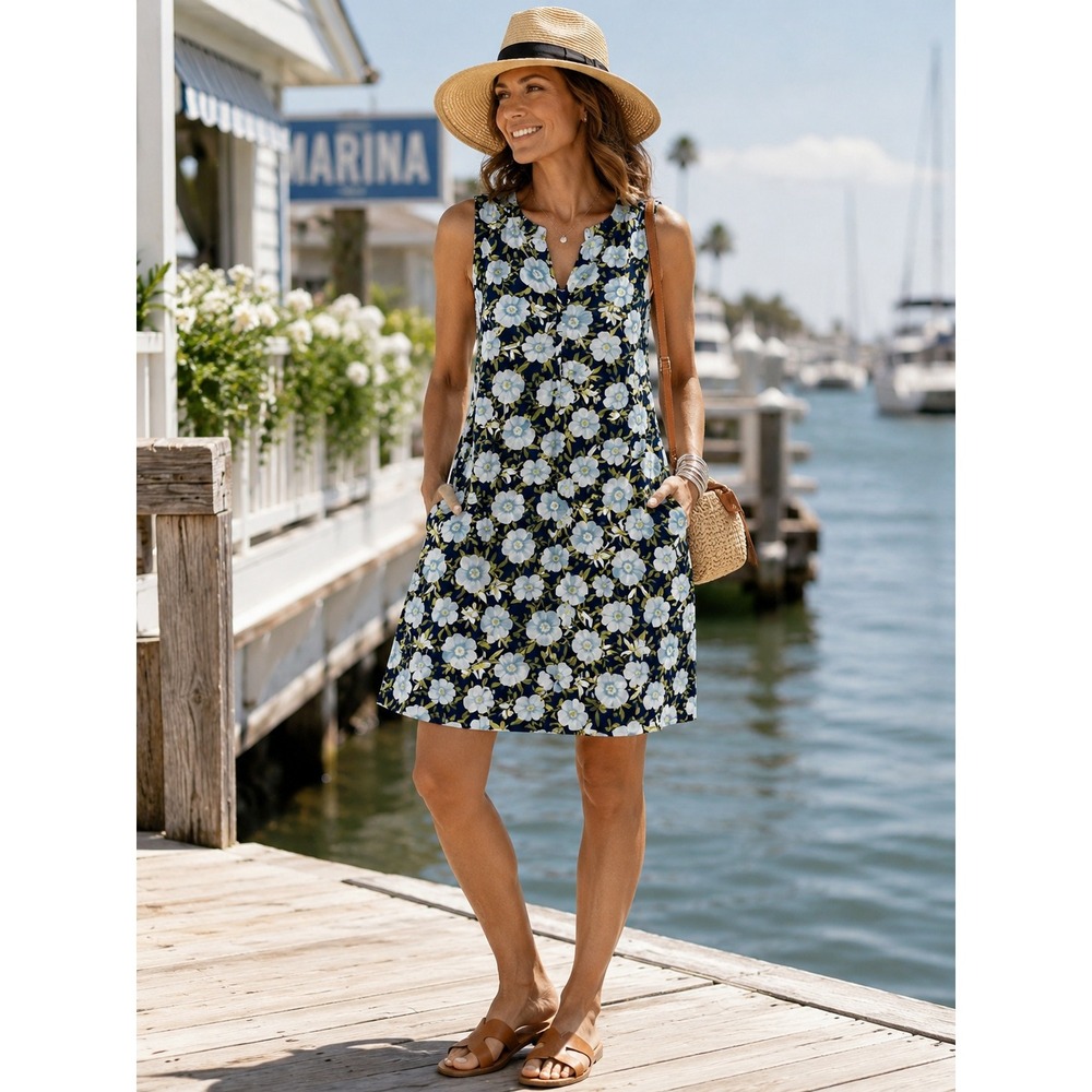 J. Jill Love Linen Floral Shift Dress Blue Navy Split Neck Sleeveless Pockets Sm